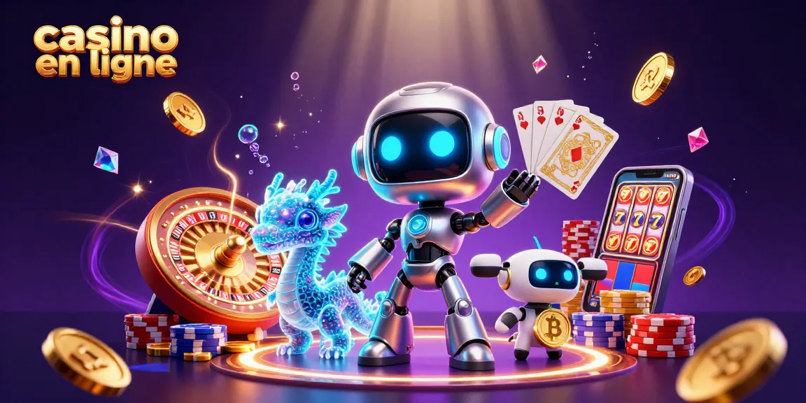 Casino en ligne : Illustration dynamique avec un robot et un dragon holographique dans un univers vibrant