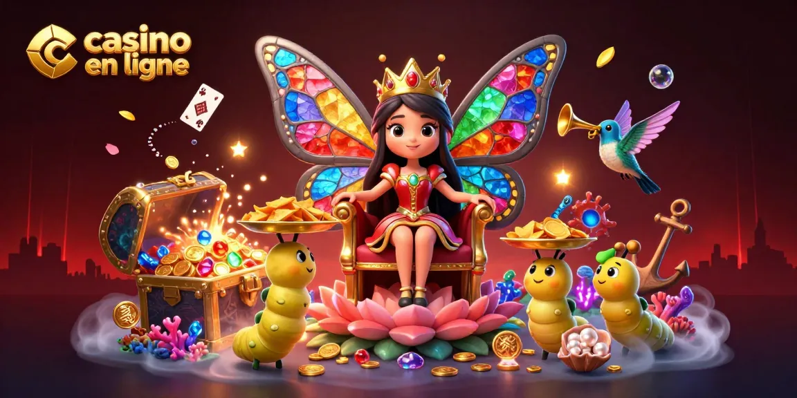 Visualisez le casino en ligne avec une reine papillon et des jeux colorés entourés de trésors sous-marins.