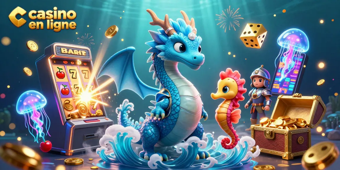 Jouez au casino en ligne avec ce dragon marin et un chevalier hippocampe, illustrant une victoire explosive.