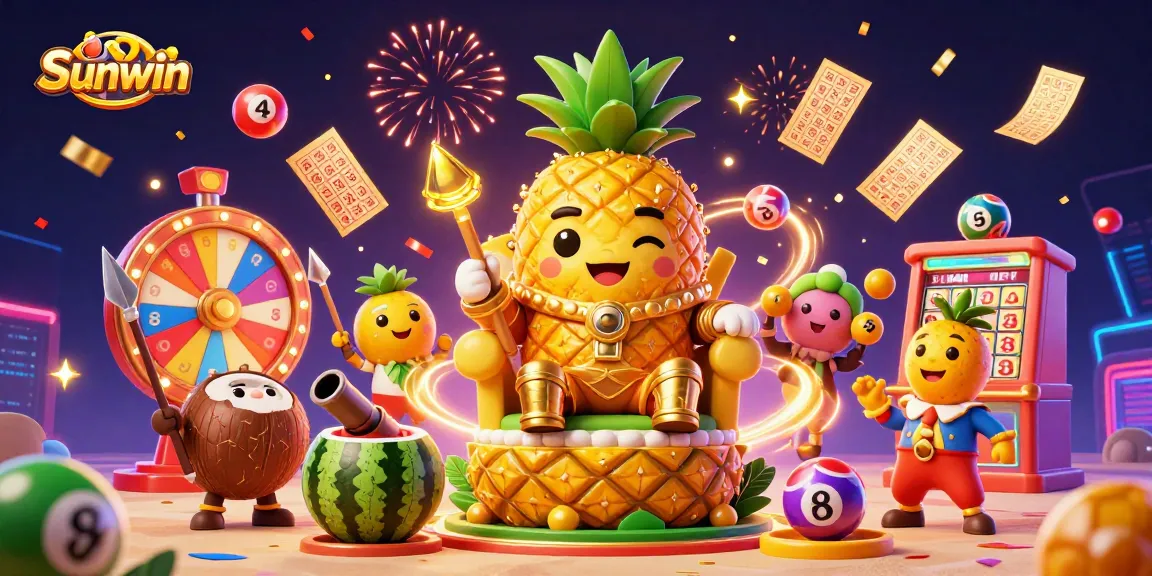 Win big with Sunwin at the vibrant beach casino, featuring a golden pineapple king and lottery prizes.