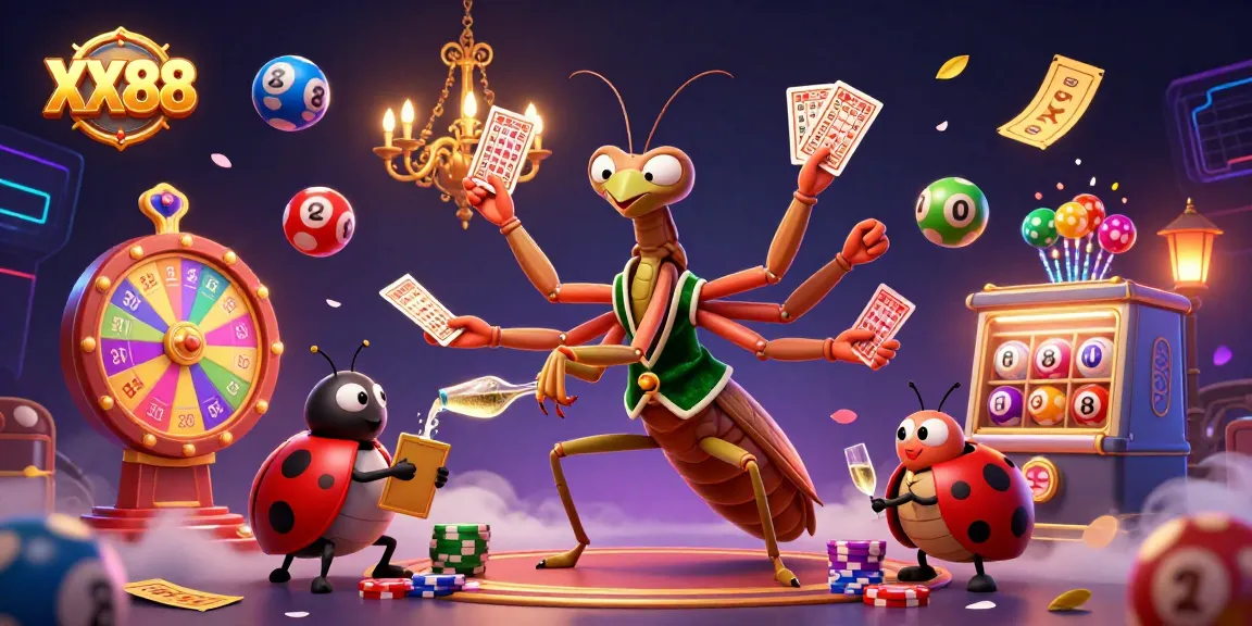 Engaging XX88 casino scene with a giant mantis card sharp dealing cards and vibrant lottery elements surrounding.