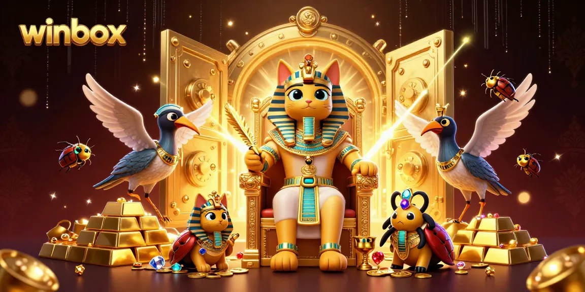 Experience dazzling wins at Winbox with a pharaoh cat surrounded by treasures and gems in a vibrant casino scene.