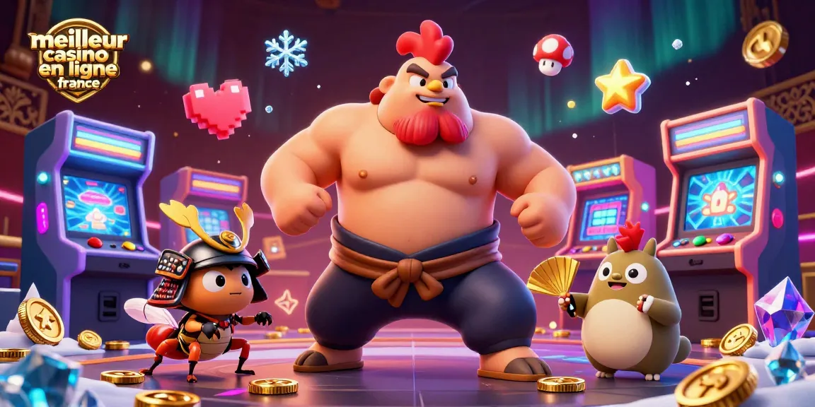 Scène dynamique illustrant le meilleur casino en ligne France avec un sumo, un grillon, et un tanuki s'entourant d'éléments de jeu brillants.