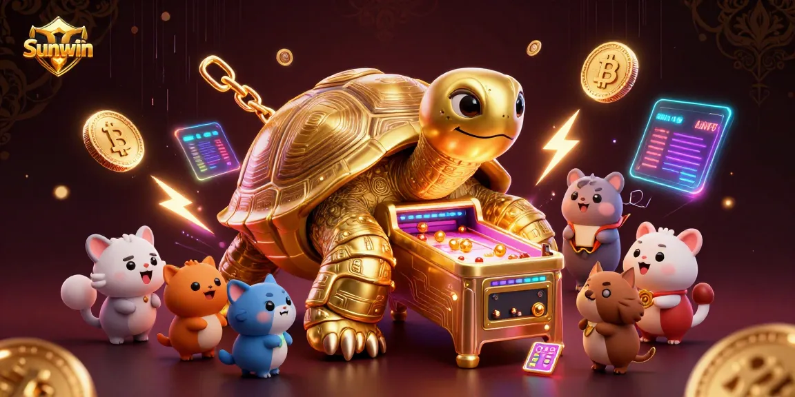 Engage with Sunwin's thrilling gaming experience featuring a golden tortoise pinball machine surrounded by crypto coins.