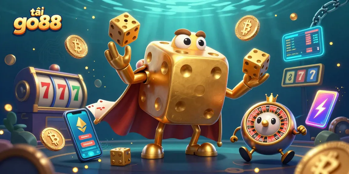 Experience the thrill of tải go88 with a dynamic casino scene featuring 3D golden dice and vibrant gaming elements.