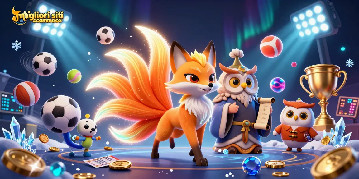 Visualizza i migliori siti scommesse con un fox spirit e sport dinamici in un'illustrazione vivace