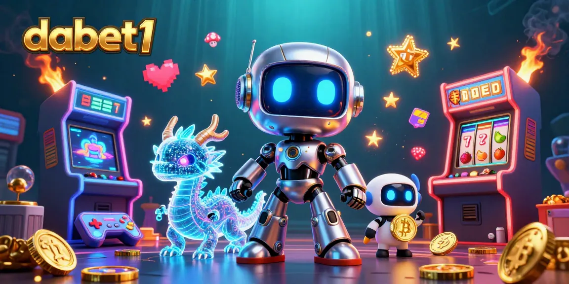 Engage with dabet1 at a vibrant casino scene featuring a futuristic cyberpunk mascot and floating game elements.