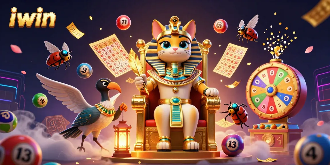 iwin showcases vibrant lottery excitement with a pharaoh and his scribe amid colorful games.