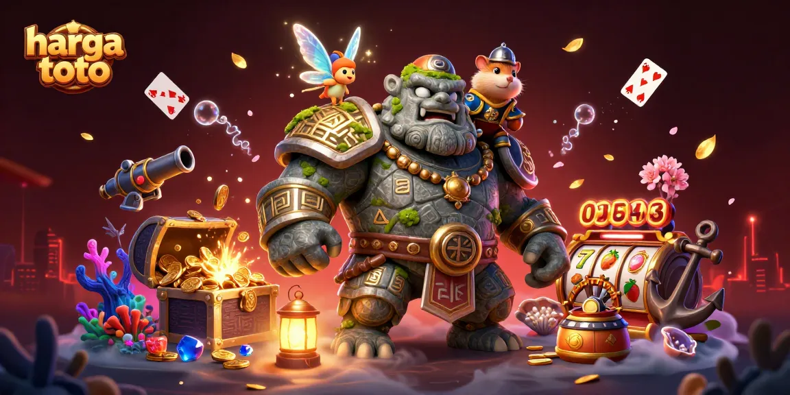 Gambaran 3D menarik tentang harga toto dengan karakter golem, peri, dan kesatria hamster di kasino.