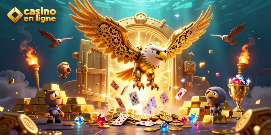Découvrez l'univers du casino en ligne avec un aigle cybernétique et des cartes holographiques.