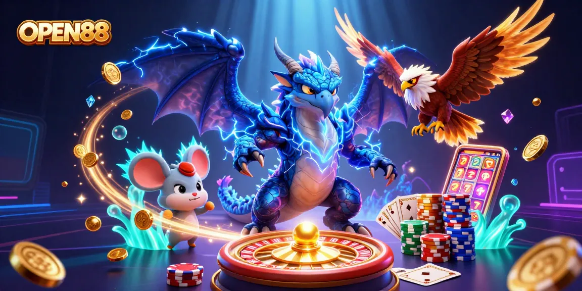 Experience the excitement of OPEN88, featuring a dynamic casino scene with vibrant characters and game elements.