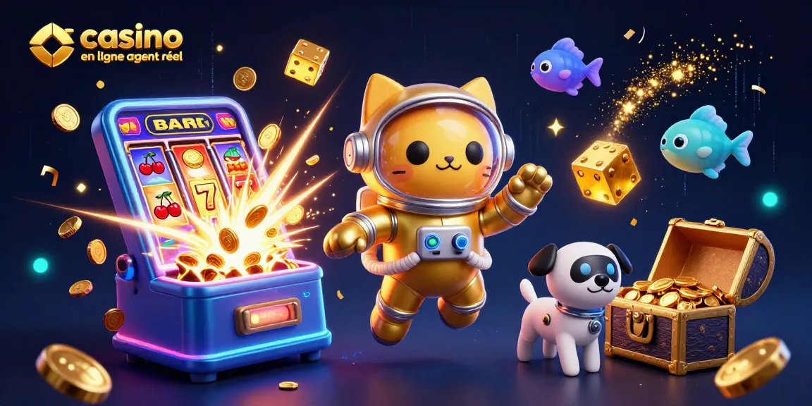 Profitez du casino en ligne argent réel avec une illustration dynamique de jeux et jackpots galactiques.