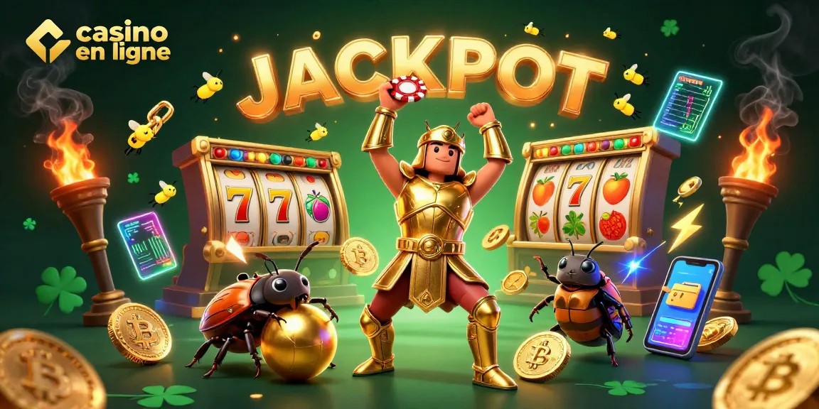 Jouez au casino en ligne avec une illustration captivante mettant en avant des éléments de jackpot et de crypto-monnaie.