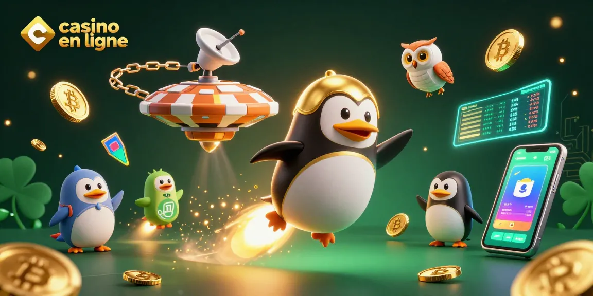 Gagnez avec le casino en ligne : illustration d'un pingouin doré propulsé par fusée dans l'espace.