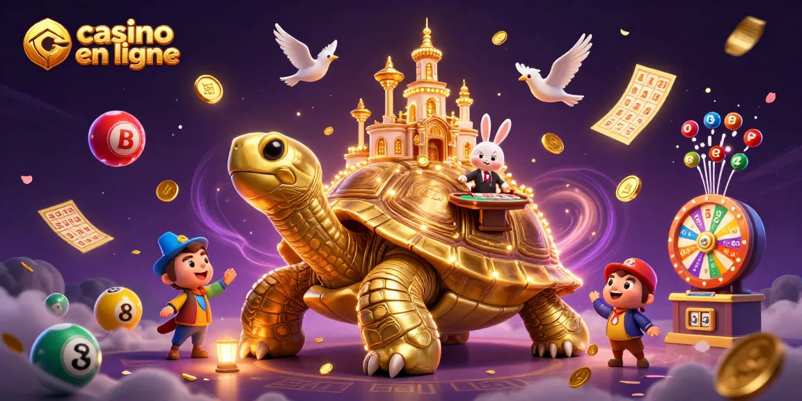 Jouez au casino en ligne avec notre illustration d'une tortue dorée et un croupier lapin.