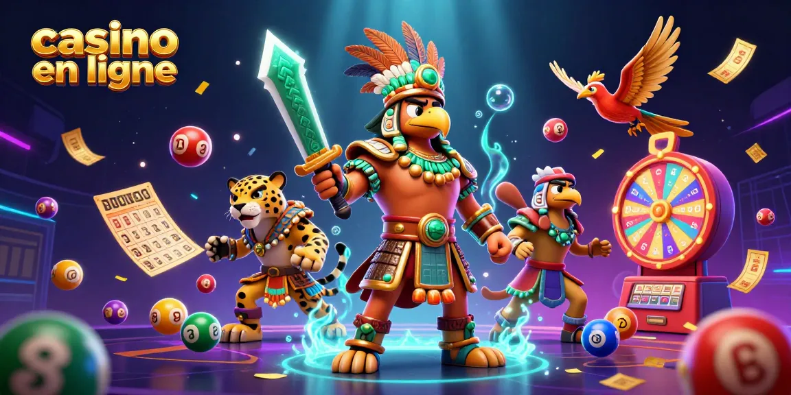 Découvrez l'animation vibrante du casino en ligne avec des éléments de loterie et des guerriers azteques.