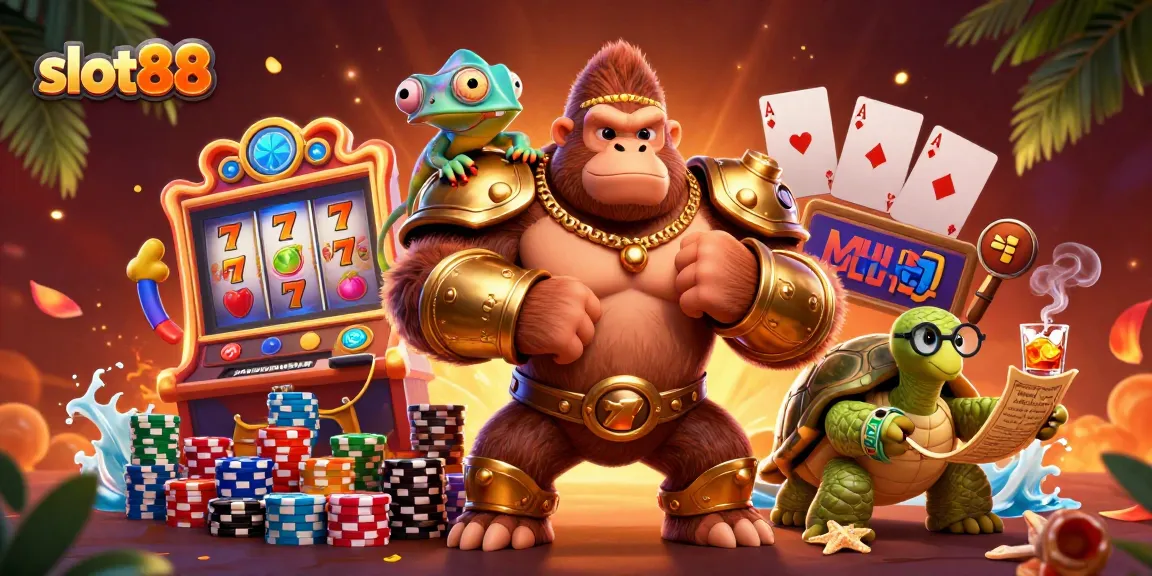 Experience the thrill of slot88 spins with vibrant characters and gaming elements in a dynamic casino scene.
