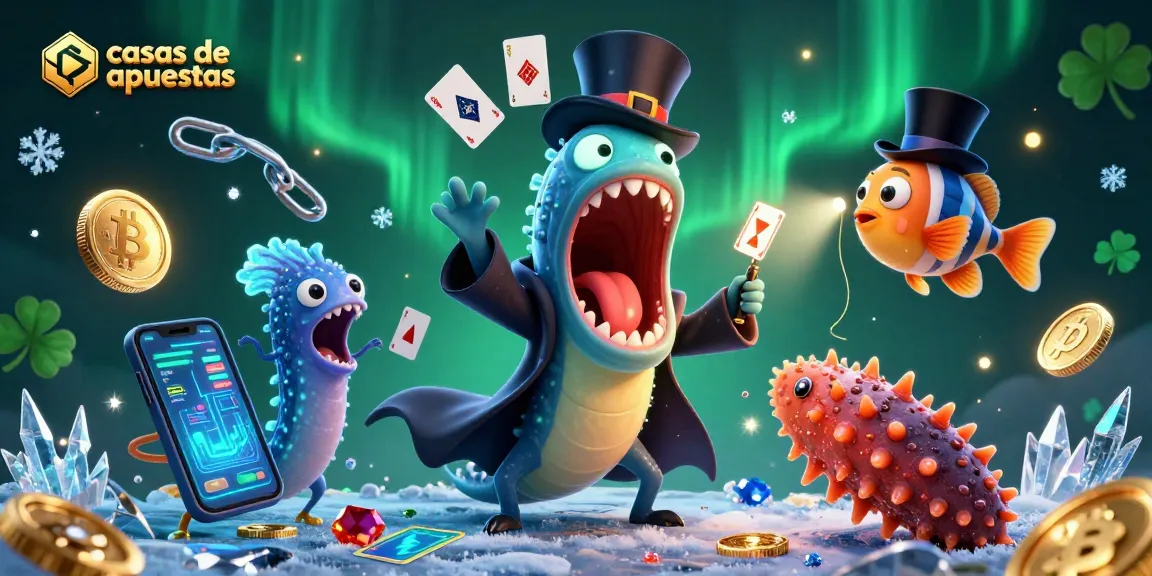 Cartel de casas de apuestas destacando un buceador realizando trucos de cartas en un entorno acuático.