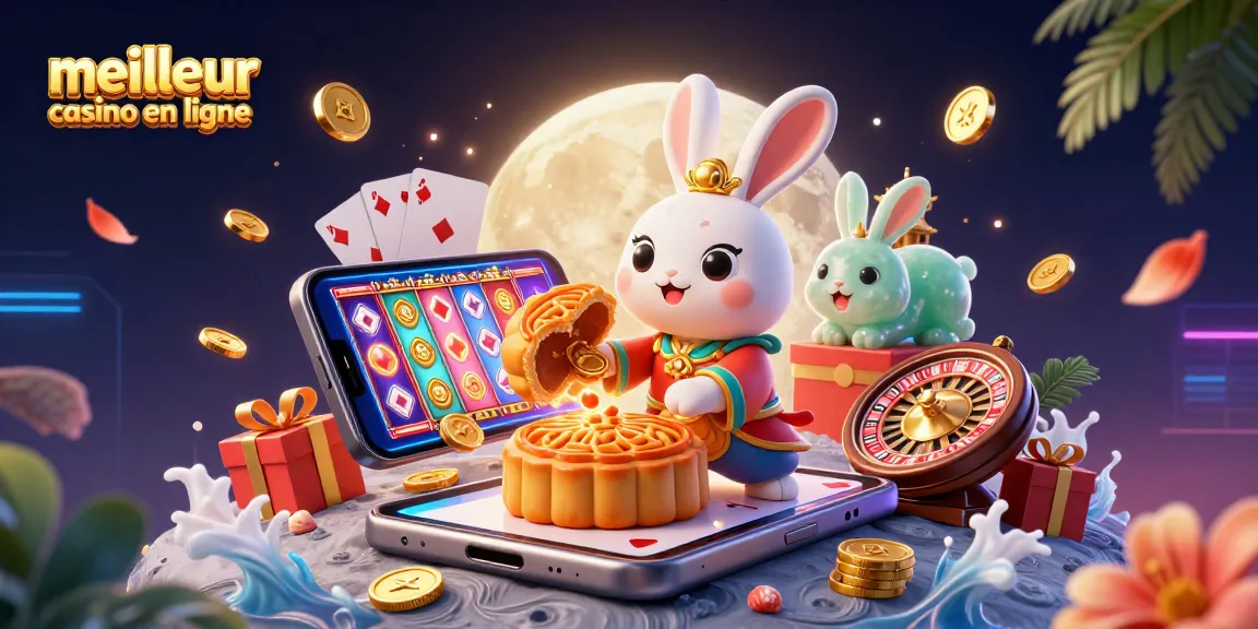 Jouez au meilleur casino en ligne avec un lapin lunaire et des jetons de poker dans un illustré vibrant