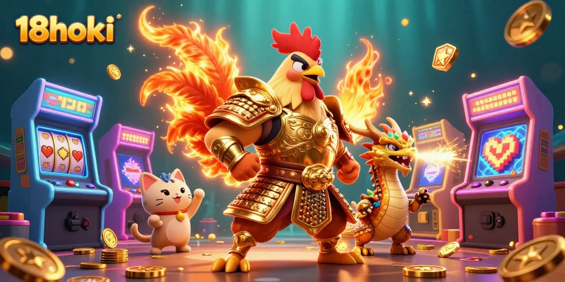 Experience the thrill of 18hoki with a rooster warrior and dragon hatchling amidst vibrant gaming elements.