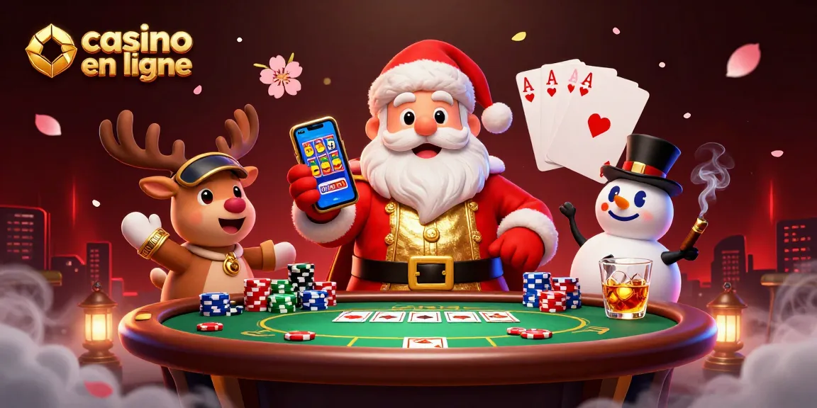 Image vibrante avec le Père Noël et ses amis, mettant en avant des éléments de casino en ligne.