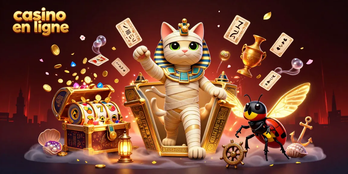 Explorez un jeu de casino en ligne avec un chat momie égyptien, des cartes flottantes et des éléments de machines à sous.