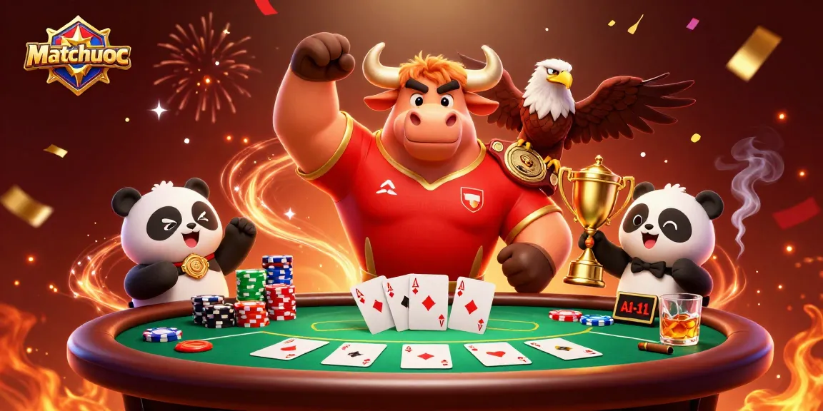 Experience matchuoc's thrilling atmosphere with cartoon bull, eagle, and panda celebrating at the poker table.