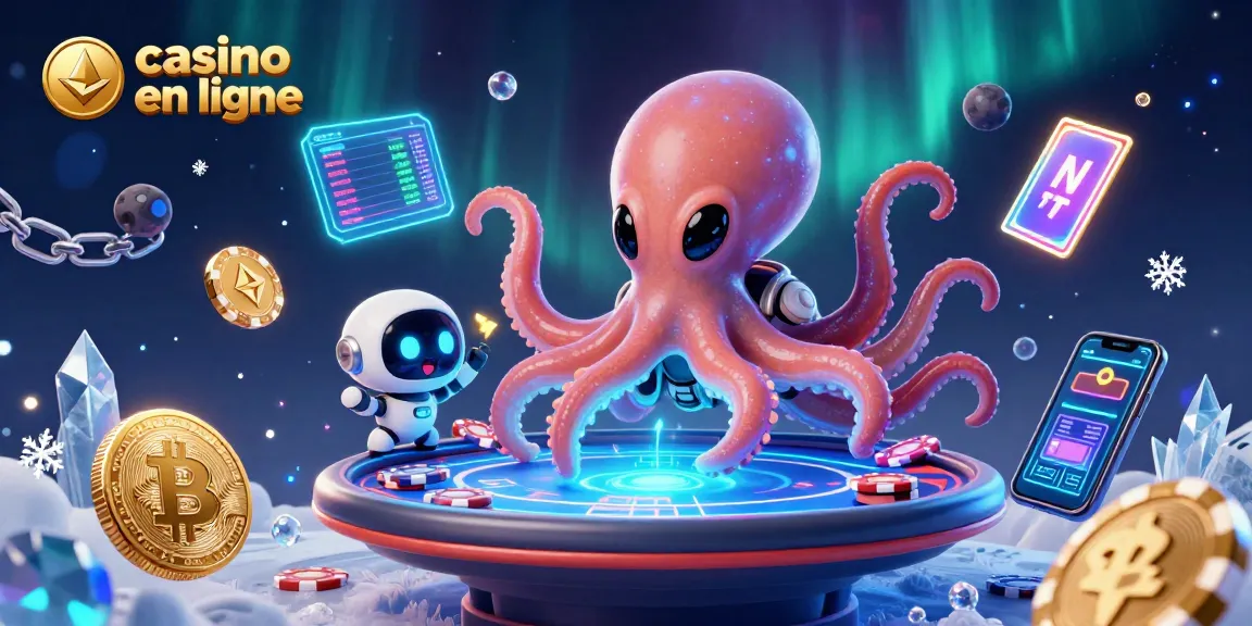 Jouez avec le casino en ligne dans une illustration fantastique avec un poulpe extraterrestre et des crypto-monnaies.