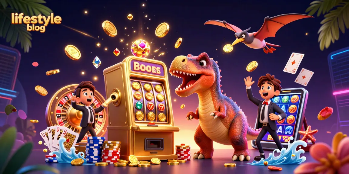 A lifestyle blog illustration showcasing a pachycephalosaurus winning jackpot coins from a slot machine amidst a vibrant casino