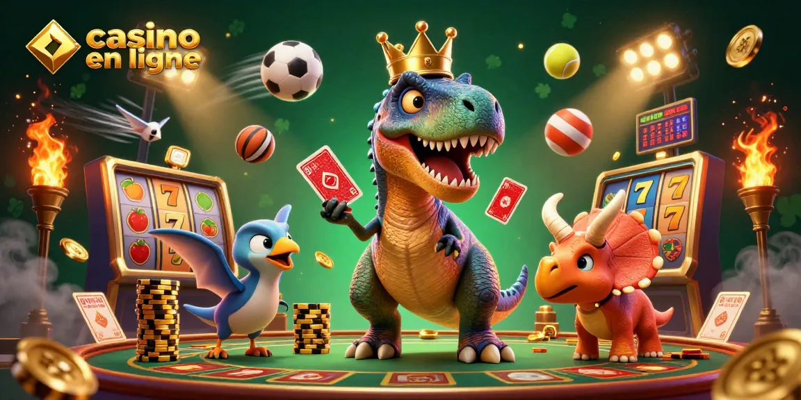 Un T-Rex couronné mélange les jeux dans un casino en ligne pendant qu'un ptérodactyle aide avec des cartes.