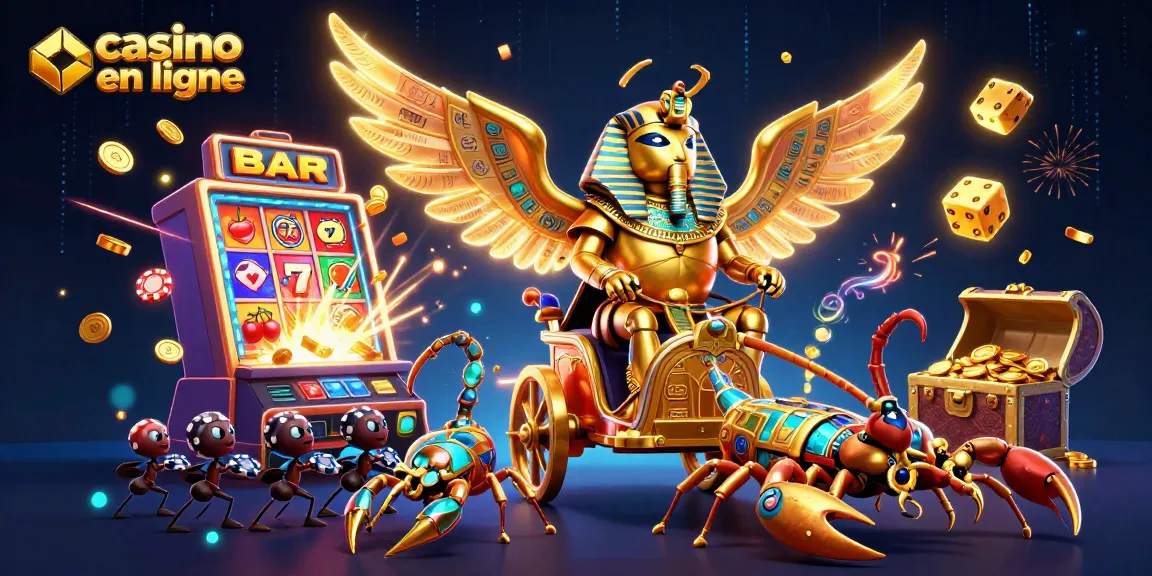 Illustration dynamique d'un casino en ligne réunissant un scarabée doré et des scorpions avec jackpot et animations colorées.