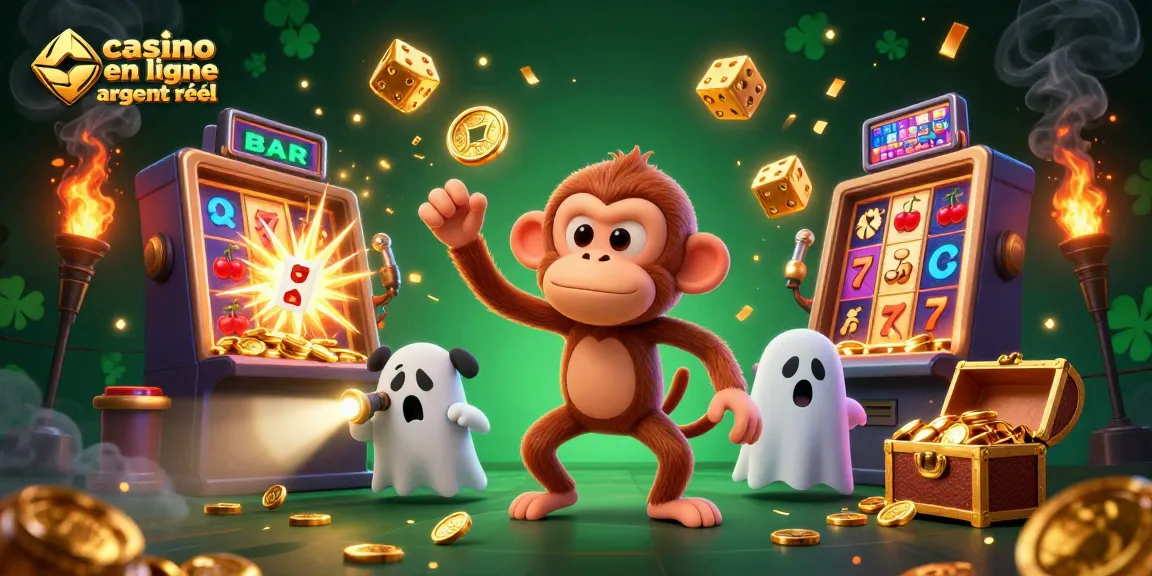 Illustration d'un casino en ligne argent réel avec un singe poltergeist jonglant des objets dorés et un chiot chasseur de fantômes.