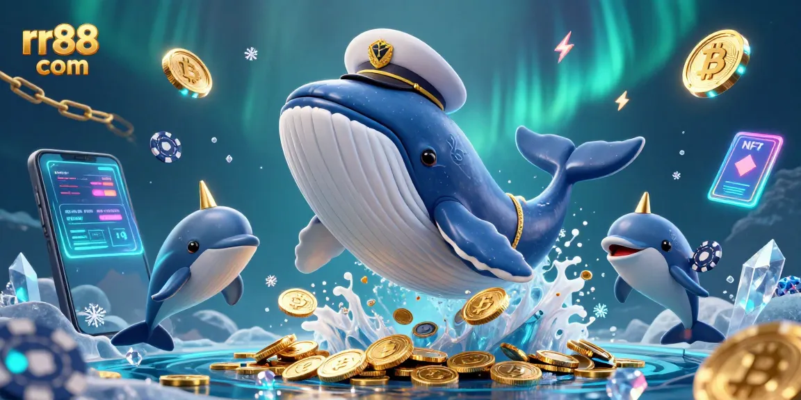 Engage with rr88 com's vibrant casino experience featuring a whale with a captain's coat amidst coins.