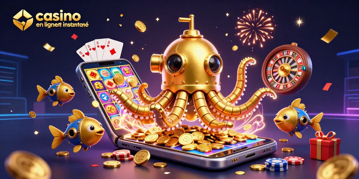 Gagnez rapidement avec le casino en ligne retrait instantané, illustré par un kraken doré et des récompenses.