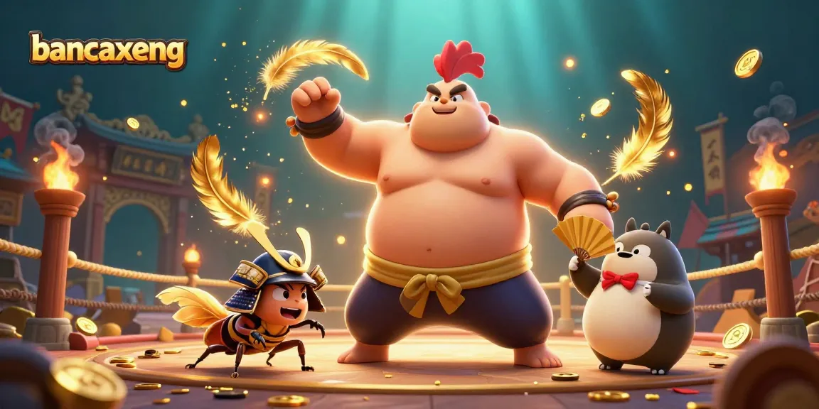 Engage in thrilling action with bancaxeng as the powerful rooster sumo wrestler stomps in a vibrant arena.