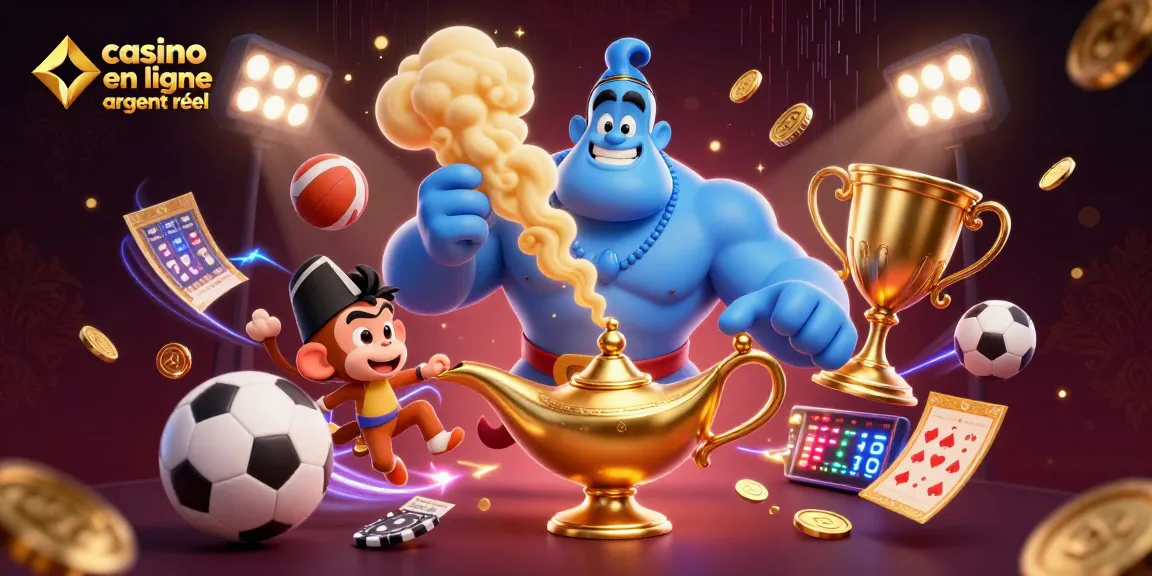 Jouer au casino en ligne argent réel avec des personnages de génie, un singe et des éléments de jeux d'argent dynamiques.