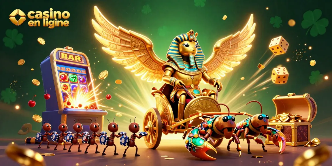 Jouez à casino en ligne avec une illustration 3D d'un scarabée colossal et des éléments de jeu colorés.