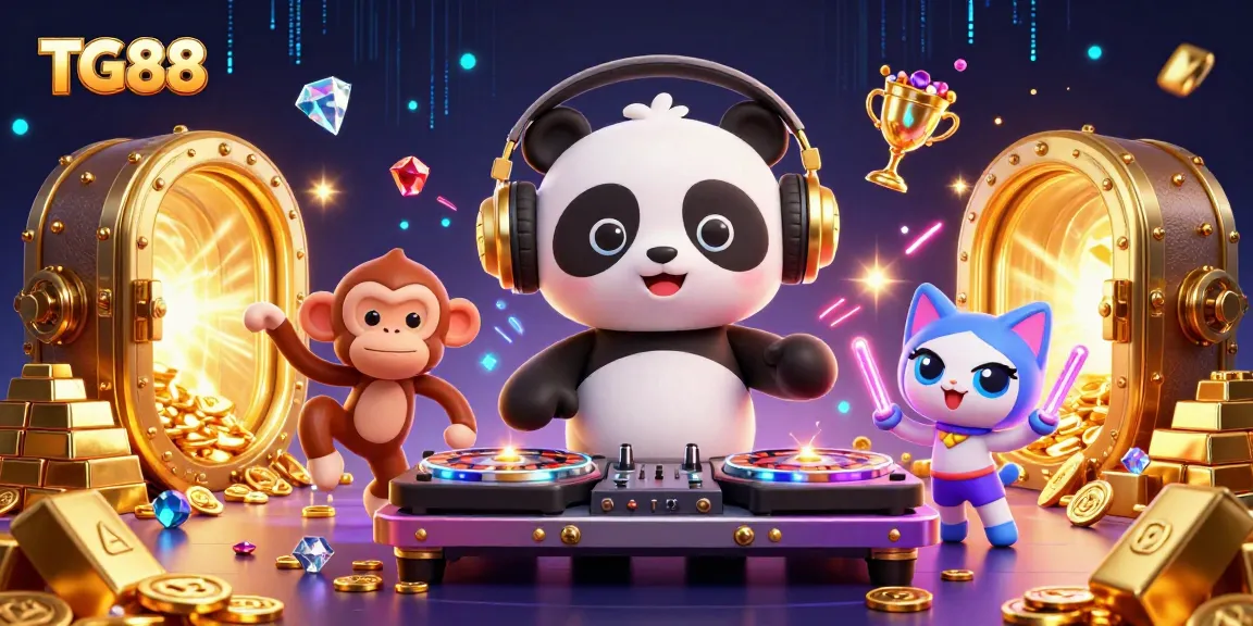 TG88 showcases an energetic casino scene with a DJ panda and vibrant game elements, perfect for online gambling