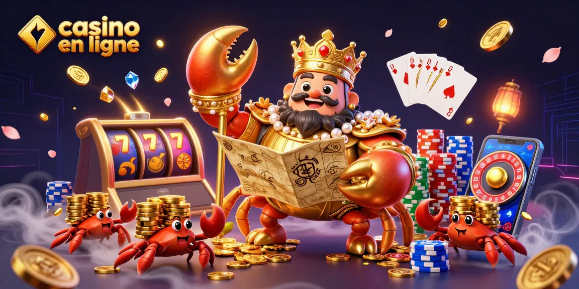 Représentation d'un casino en ligne avec un crabe doré et des éléments de jeu captivants.