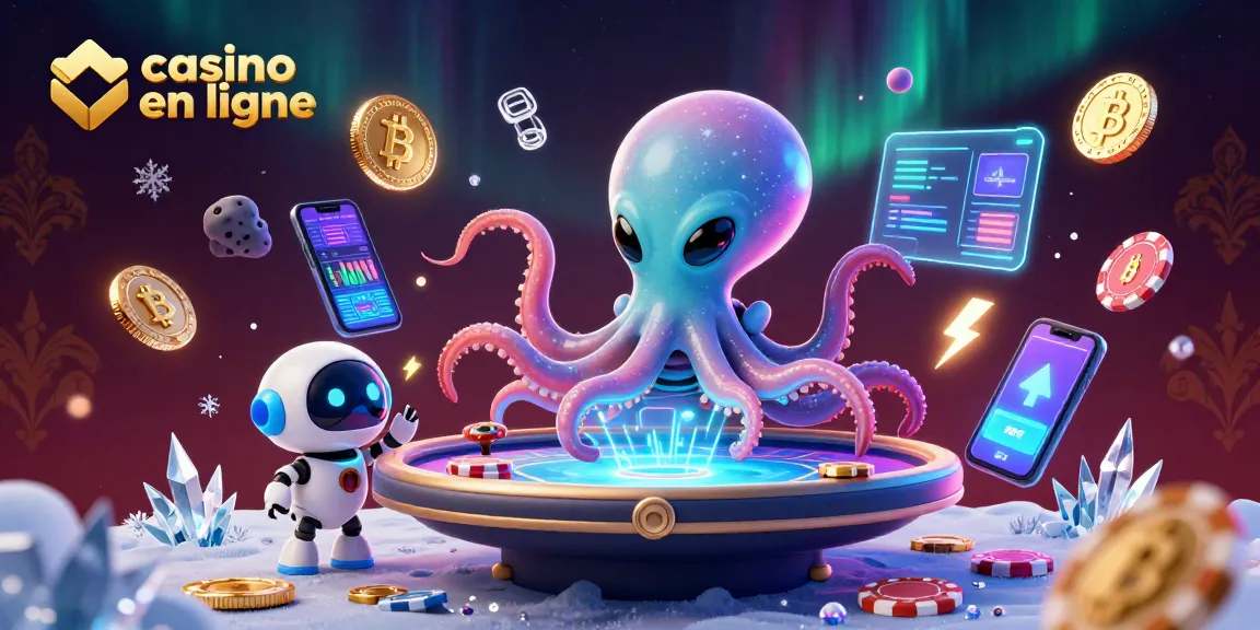 Plonger dans l'univers du casino en ligne avec un octopus extraterrestre et des jetons flottants.