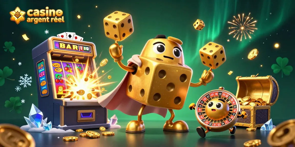 Jouez sur un casino en ligne argent réel avec des dés et des machines à sous en or explosant de joie.