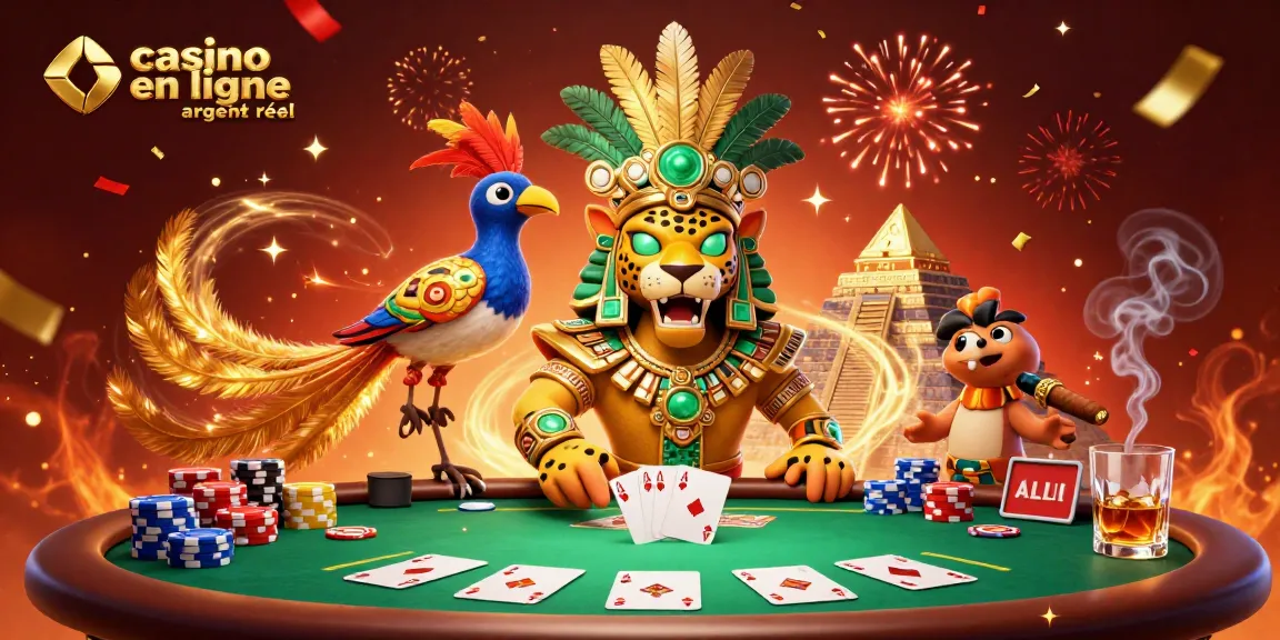 Venez découvrir le monde fascinant du casino en ligne argent réel à travers une illustration élaborée réunissant un prêtre jaguar et des éléments de jeux de poker.