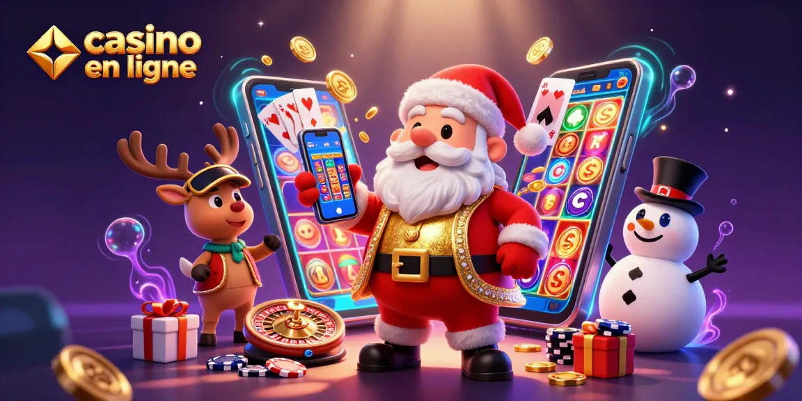 Profiter des jeux de casino en ligne avec le Père Noël, un renne et un bonhomme de neige entourés de jetons et de cadeaux.