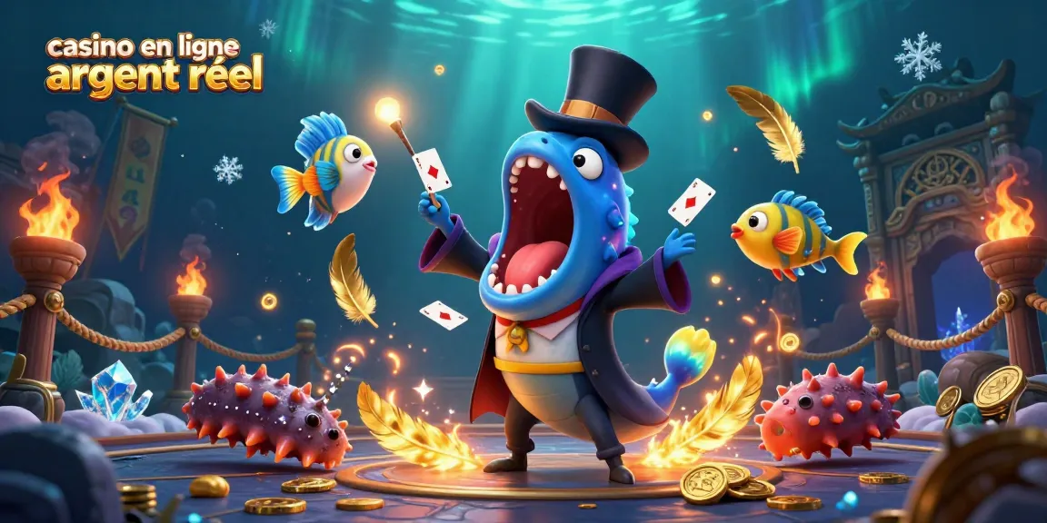 Illustration dynamique de casino en ligne argent réel mettant en scène un poisson-lanterne, une anguille et un concombre de mer.