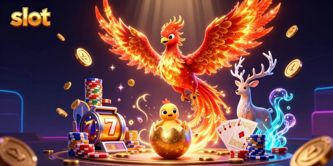 Mesin slot berwarna-warni dan simbol unik dikelilingi karakter phoenix berapi dan stag.