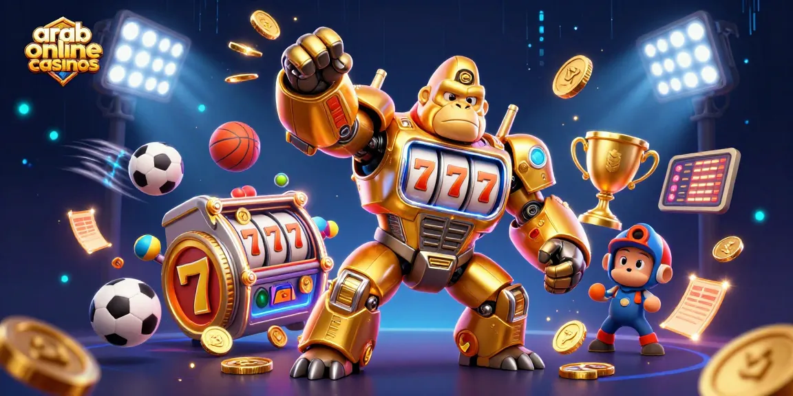 Engage with arab online casinos featuring a golden gorilla mech surrounded by sports elements and vibrant energy.