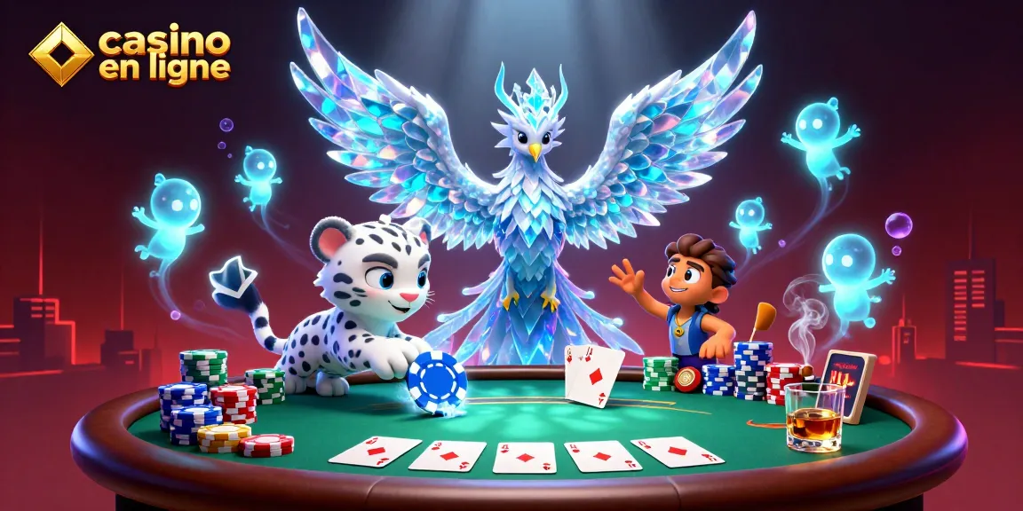 Découvrez l'animation captivante de casino en ligne avec un phoenix de glace et des personnages ludiques.