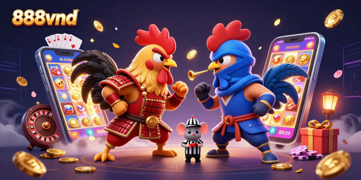 Engage in thrilling bets with 888vnd as cartoon roosters face-off amidst rich casino elements.