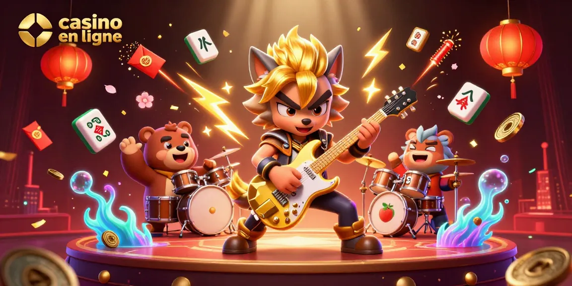 Illustration dynamique de casino en ligne montrant un loup rock star et un ours batteur, entourés de symboles de jeu.