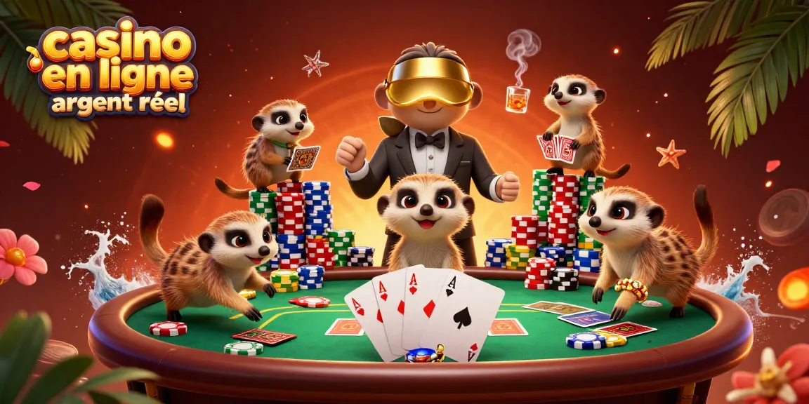 Casino en ligne argent réel : Suricates gérant un casino avec des éléments de poker animés.